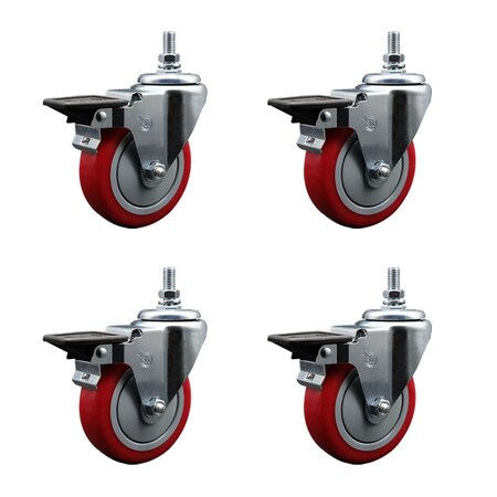 Service Caster 4 Inch Red Polyurethane 12 Inch Threaded Stem Caster Set with Brake SCC-TS20S414-PPUB-RED-PLB-121315-4